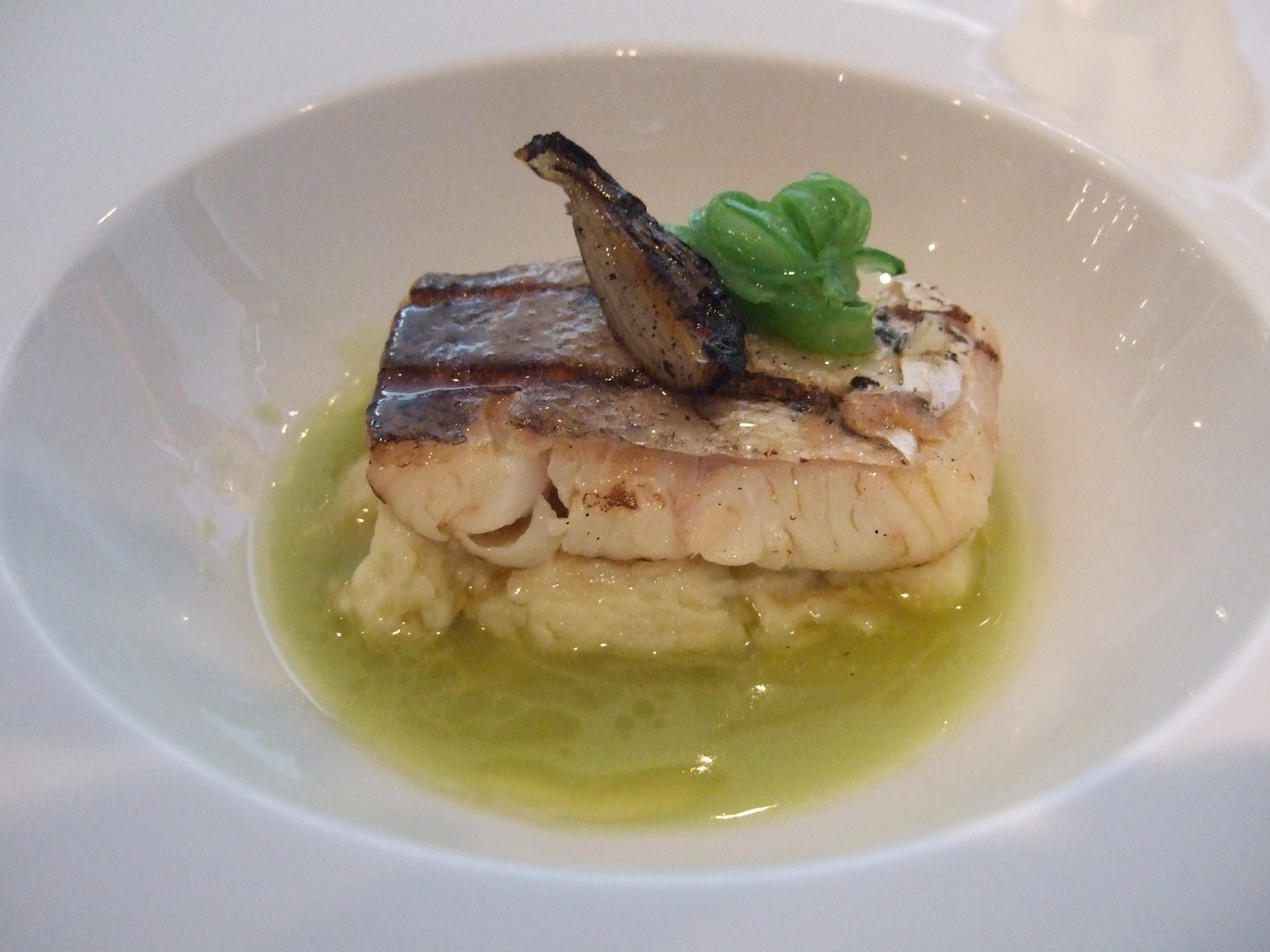 pescadilla asada a la llama con patata chafada y jugo de judía verde - Arrop Ricard Camarena